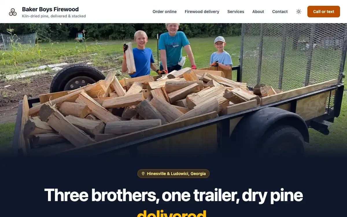 Screenshot of the Baker Boys Firewood website