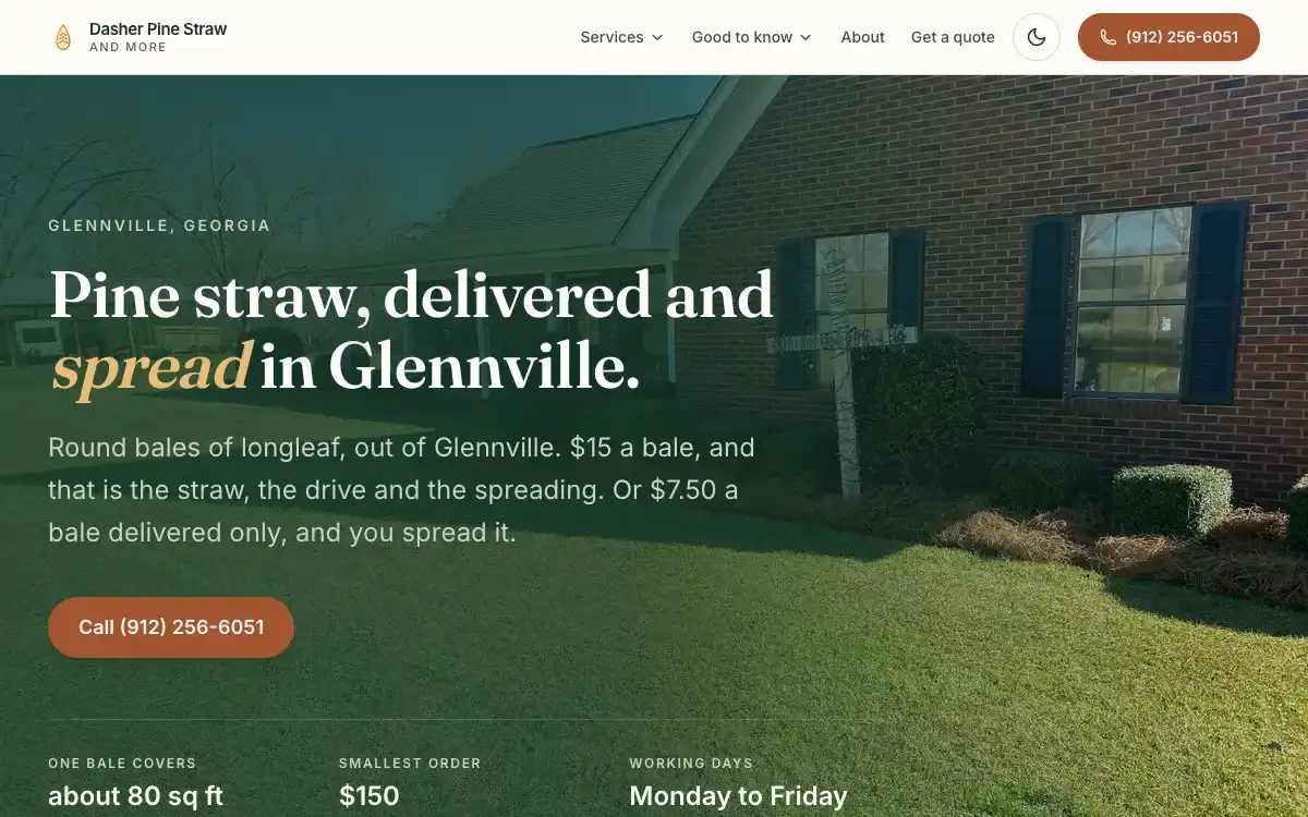 Screenshot of the Dasher Pine Straw website