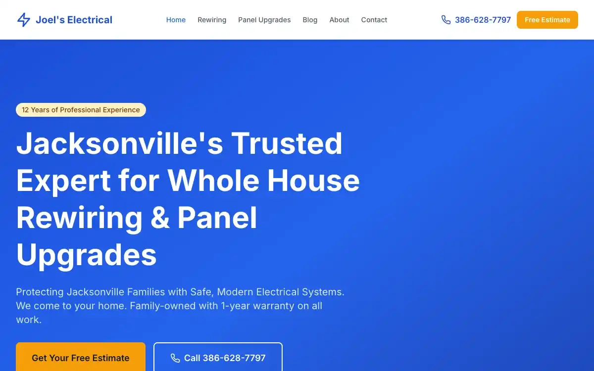 Screenshot of the Joel's Electrical website