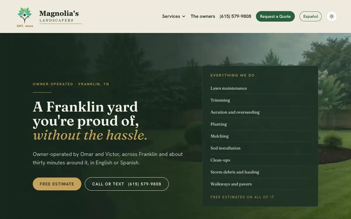 Screenshot of the Magnolia's Landscapers website