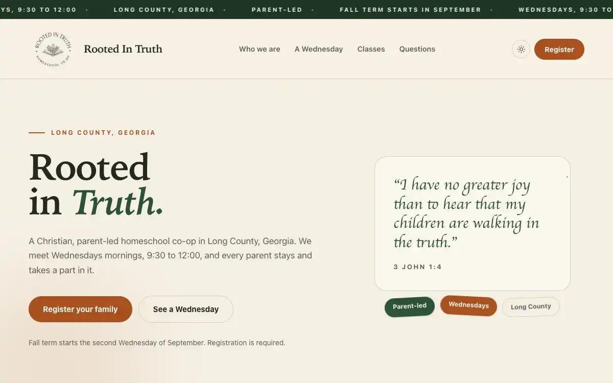 Screenshot of the Rooted In Truth Homeschool Co-op website